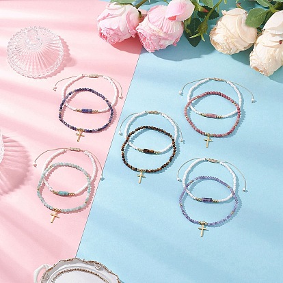 10 шт. 5 виды браслетов из натурального аметиста, амазонита, содалита, родонита, тигрового глаза и стеклянного бисера, выполненных на эластичной основе, 304 из нержавеющей стали крест шарм браслеты