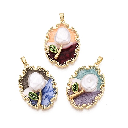 Латунь эмаль подвески, овальные и цветочные подвески, с ABS имитации жемчуга, реальный 18 k позолоченный