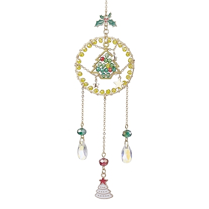 Glass Beads Wire Wrapped Brass Christmas Tree Pendant Decoration, Glass Teardrop Tassel for Garden Outdoor Hanging Ornaments