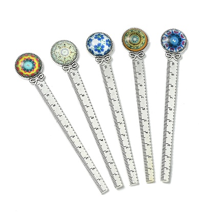 Mosaic Printed Glass Cabochons Bookmarks, Tibetan Style Alloy Bookmark Rulers