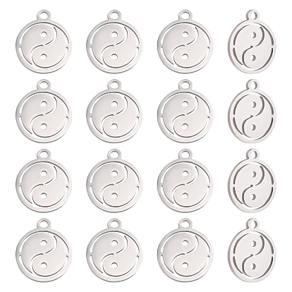 16 pcs 201 dijes de acero inoxidable, Corte con laser, pulido manual, plano y redondo con yin yang
