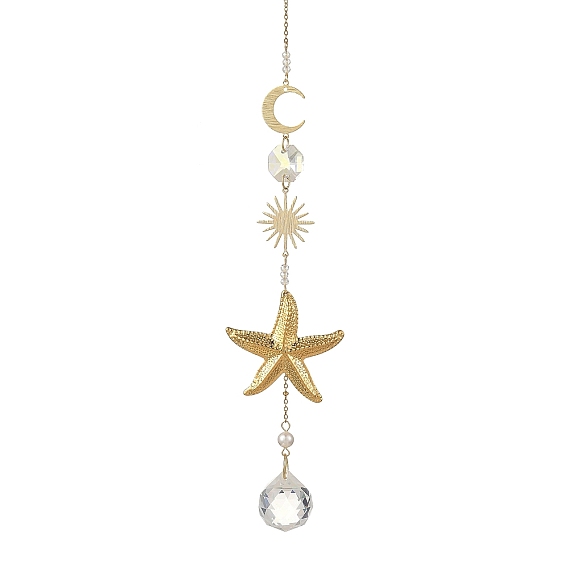 304 Stainless Steel Starfish & Round Glass Hanging Suncatchers, Brass Moon Sun and Shell Pearl Beads for Home Window Wall Decor