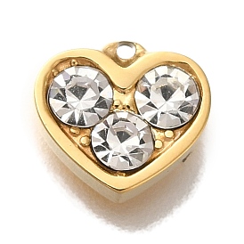 Ion Plating(IP) 304 Stainless Steel Rhinestone Charms, Heart Charm