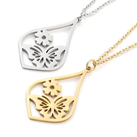 304 Stainless Steel Pendant Necklaces, Cable Chains, Teardrop with Flower & Butterfly