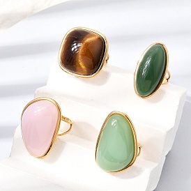 Resin Imitation Gemstone Cuff Open Rings, 304 Stainless Steel Rings for Women, Ion Plating(IP), Real 18K Gold Plated