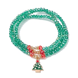 Faceted Glass Beaded Stretch Wrap Bracelets, Christmas Tree Alloy Enamel Charm Bracelets for Women