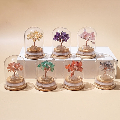 Natural Gemstone Chips Tree of Life Decorations, Mini Wooden & Glass Base with Copper Wire Feng Shui Energy Stone Gift for Home Office Desktop Decoration