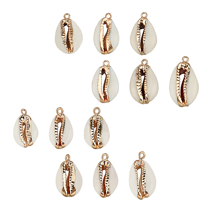 12Pcs 2 Style Electroplate Cowrie Shell Pendants, with Light Gold Iron Findings