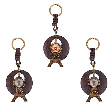 DIY Keychain Making, Alloy Cabochon Settings Keychain, with Imitation Leather Pendants & Iron Rings, Glass Cabochons, Tower