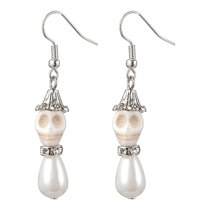 Synthetic Turquoise and Shell Pearl Skull Dangle Earring, with 304 Stainless Steel Earring Hooks
