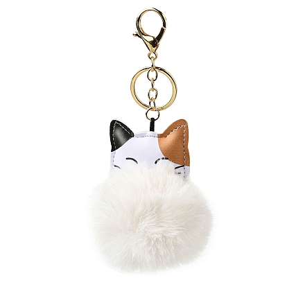 Imitation Rex Rabbit Fur Ball & PU Leather Cat Pendant Keychain, with Alloy Clasp, for Bag Car Pendant Decoration