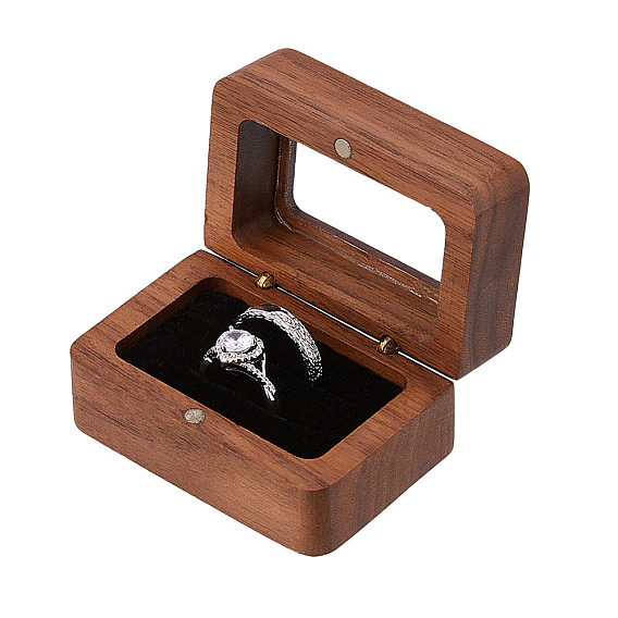 1шт 2-слотовые магнитные деревянные коробки для хранения колец, с прозрачным окном и бархатом внутри, прямоугольные
