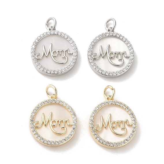 Подвески из латуни с микропаве ко Дню матери и кубическим цирконием, без кадмия, без никеля и без свинца, с оболочкой, Плоский круглый со словом мама