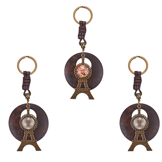 DIY Keychain Making, Alloy Cabochon Settings Keychain, with Imitation Leather Pendants & Iron Rings, Glass Cabochons, Tower