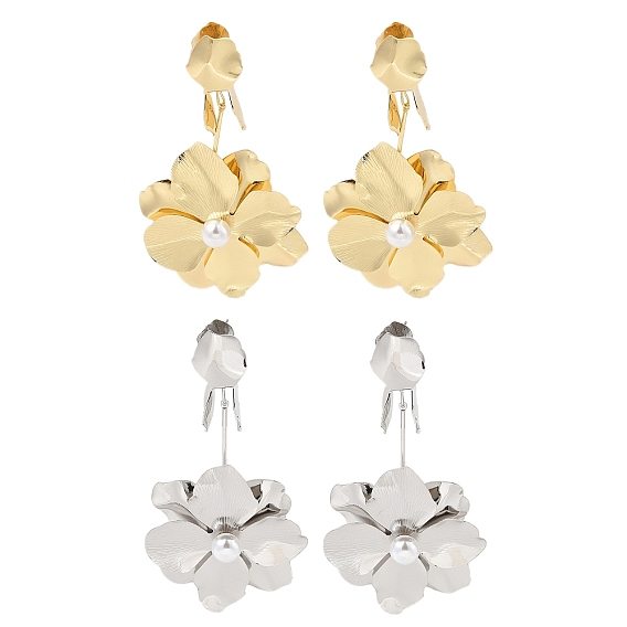 Серьги-гвоздики из железа с цветком, с булавкой из сплава и искусственным жемчугом