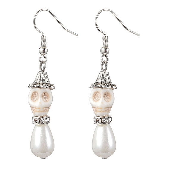 Synthetic Turquoise and Shell Pearl Skull Dangle Earring, with 304 Stainless Steel Earring Hooks