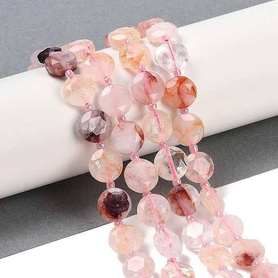 Нити из натурального красного гематоидного кварца/железистого кварца, граненый пятиугольный разрез, плоско-круглые, с бисером