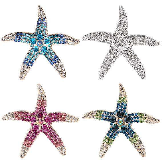 4pcs 4 colores broches de solapa de aleación con forma de estrella de mar para mochilas y ropa, con rhinestone de la resina
