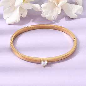 304 Stainless Steel Pave Clear Cubic Zirconia Heart Hinged Cuff Bangles for Women, Ion Plating(IP)