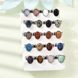 Anillos ajustables de acero inoxidable para mujer, con la piedra preciosa, oval, color acero inoxidable