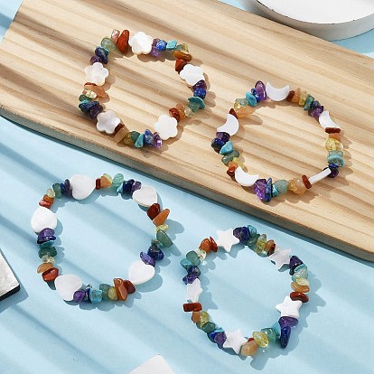 Natural & Synthetic Mixed Gemstone Chips & Shell Beaded Stretch Bracelet