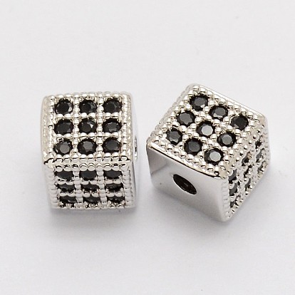 Cube Brass Micro Pave Cubic Zirconia Beads, Cadmium Free & Nickel Free & Lead Free, 6x6x6mm, Hole: 1mm