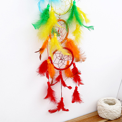 Woven Net/Web With Feather Pendant Decorations, Indian Style Pendant Decorations with Plastic Beads, for Garden, Wedding, Lighting Ornament