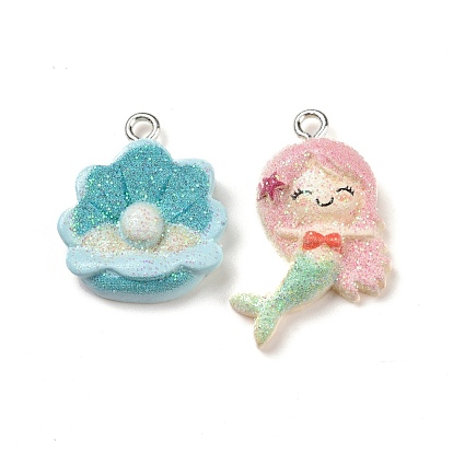 Ocean Theme Opaque Resin Pendants, with Glitter Powder and Platinum Tone Iron Loops, Scallop Shell/Mermaid Pattern