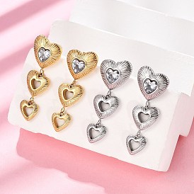 Висячие серьги-гвоздики из нержавеющей стали с прозрачным кубическим цирконием в форме сердца