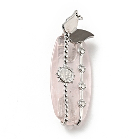 Natural Rose Quartz Pendants, Oval Charm, with Stainless Steel Color Tone Sun & Butterfly 304 Stainless Steel Findings