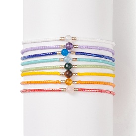 Natural Gemstone Braided Bead Bracelet Sets, Adjustable Glass Seed Bead Bracelets for Women