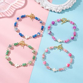 Браслеты из звеньев, соединенных стеклянными и натуральными пресноводными ракушками., Женские крестики из синтетической бирюзы