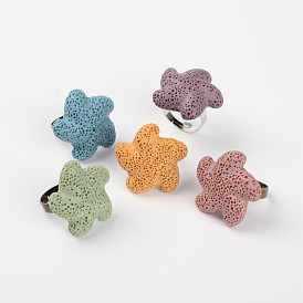 Cute Adjustable Starfish Lava Rock Rings, with Platinum Tone Brass Findings, 18mm
