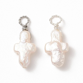 Pendentifs en perles de keshi naturelles enveloppées de fil de cuivre, charmes de croix de religion