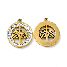 201 Stainless Steel Pendants, with Rhinestone, Flat Round with Tree of Life Charm