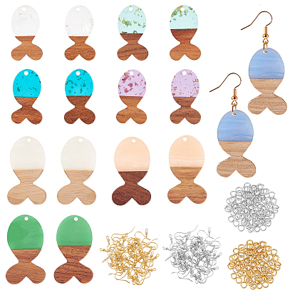 Kit para hacer aretes de resina y madera de nogal con forma de pez, incluyendo los colgantes, ganchos de latón para pendientes y anillo de salto