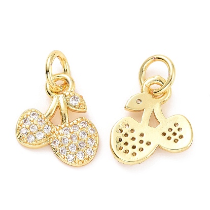 Brass Micro Pave Cubic Zirconia Charms, with Jump Rings, Long-Lasting Plated, Cadmium Free & Lead Free, Light Gold, Cherry