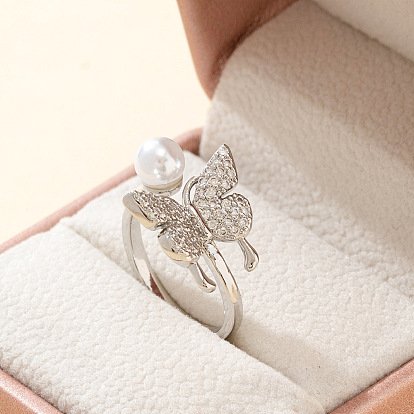 Brass Micro Pave Cubic Zirconia Cuff Open Rings, Butterfly, with Imitation Pearl