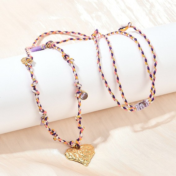 304 подвеска в форме сердца из нержавеющей стали с фактурным рисунком, регулируемые ожерелья из хлопкового шнура, со стеклом, ионное покрытие (ip)