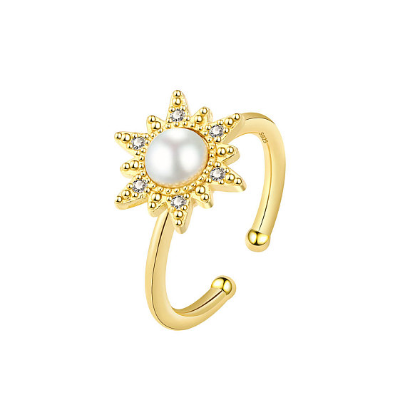 Cubic Zirconia Sun Rotating Ring for Calming Worry, Brass Open Cuff Rings with Natural Pearl