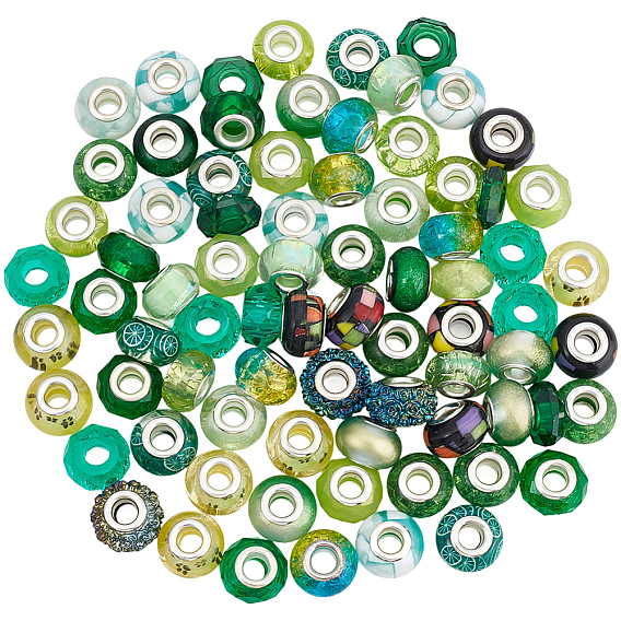 90 шт. 15 стили зеленая серия европейские бусины из смолы с большим отверстием, с серебряного цвета латуни двойные сердечники, рондель