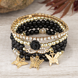 Bohemian Multi-layer Bracelet with Rose, Butterfly and Diamond Charms