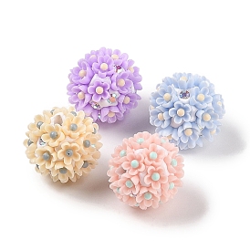 Handmade Polymer Clay Rhinestone Beads, with Acrylic, Round with Flower