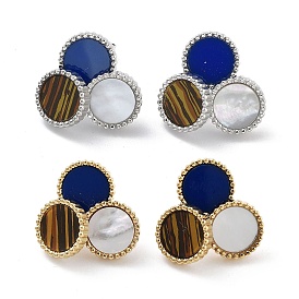 Ion Plating(IP) 304 Stainless Steel Stud Earrings, with Shell, Enamel, Jewelry for Women, Flat Round