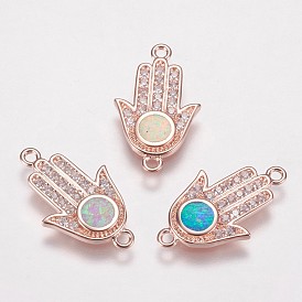 Brass Micro Pave Cubic Zirconia Links, with Synthetic Opal, Hamsa Hand/Hand of Fatima/Hand of Miriam