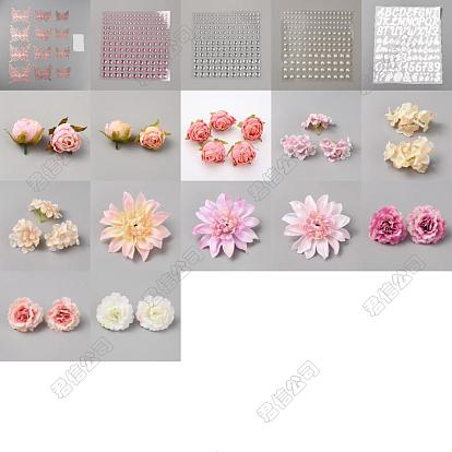 46 piezas 17 estilo tela rosa flor, Cabezas de flores artificiales con pegatinas de diamantes de imitación acrílicos con espejo para mascotas