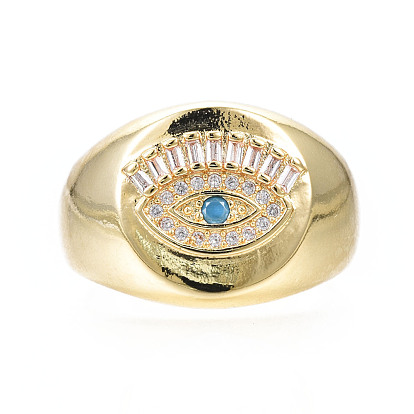 Zircon cubique rond plat avec anneau de manchette ouvert mauvais œil, bague épaisse en laiton plaqué or véritable 18k pour femme, sans nickel