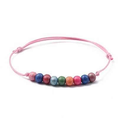 Adjustable Korean Waxed Polyester Cord Bracelets, Beaded Bracelets, with Rainbow Spary Painted Natural Wood Beads