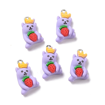 Opaque Resin Pendants, with Platinum Tone Iron Loops, Cat with Strawberry