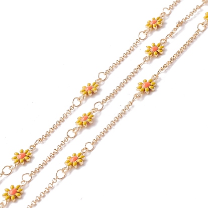 Handmade Brass Enamel Link Chains, Flower, Long-Lasting Plated, Cadmium Free & Lead Free, Unwelded, with Spool